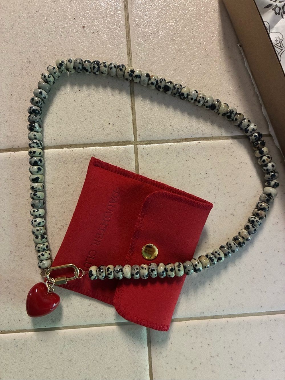Darling Carabiner Choker - Dalmatian Jasper Bead Necklace with Red Heart Charm
